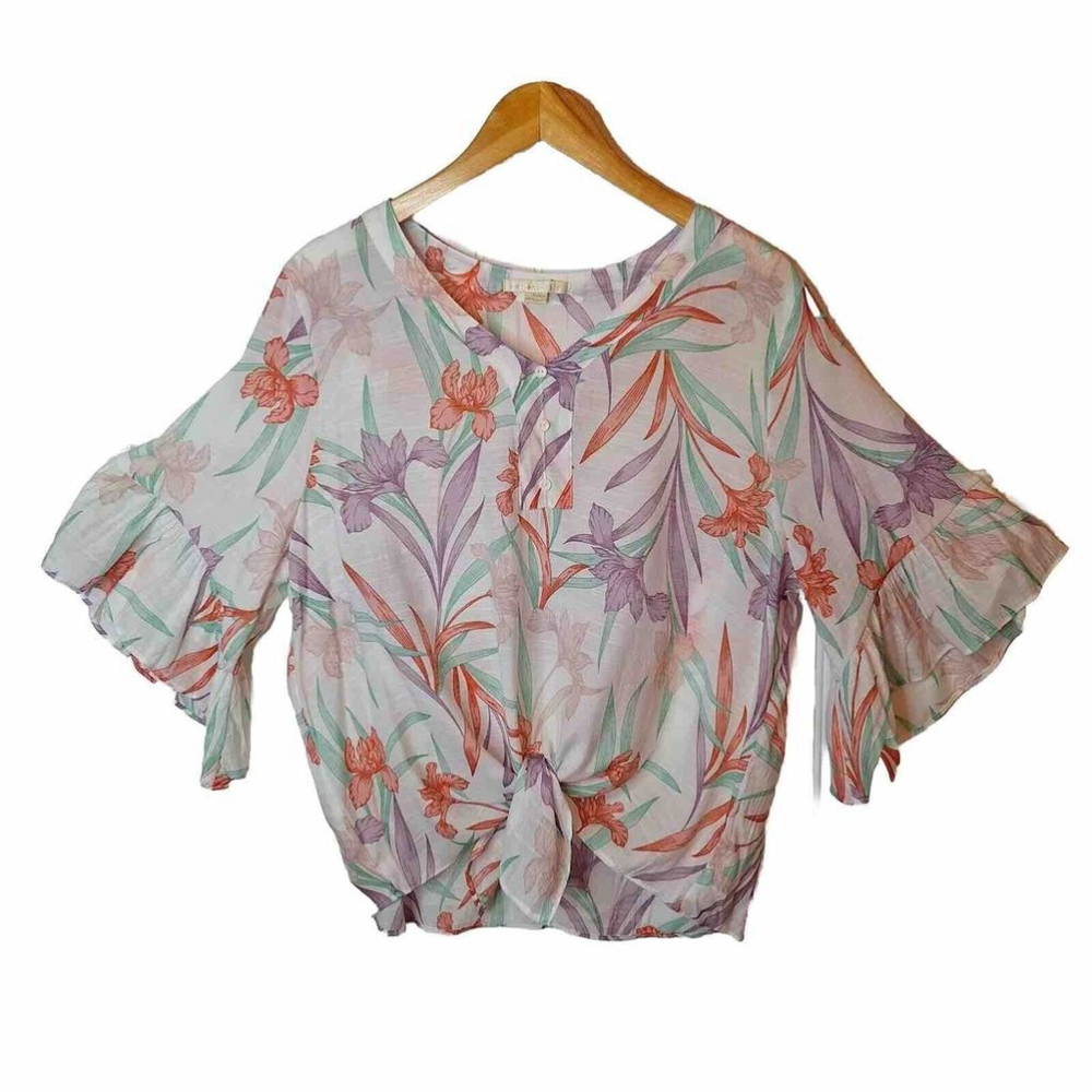 Cooper & Ella Womens Size L Button Tie Front Top Bell Sleeve Tropical Print